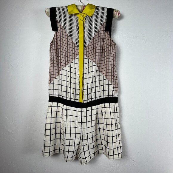 TRINA TURK Sleeveless Clover Geometric Button-Down Collared Silk Romper Size 2 - Picture 1 of 9